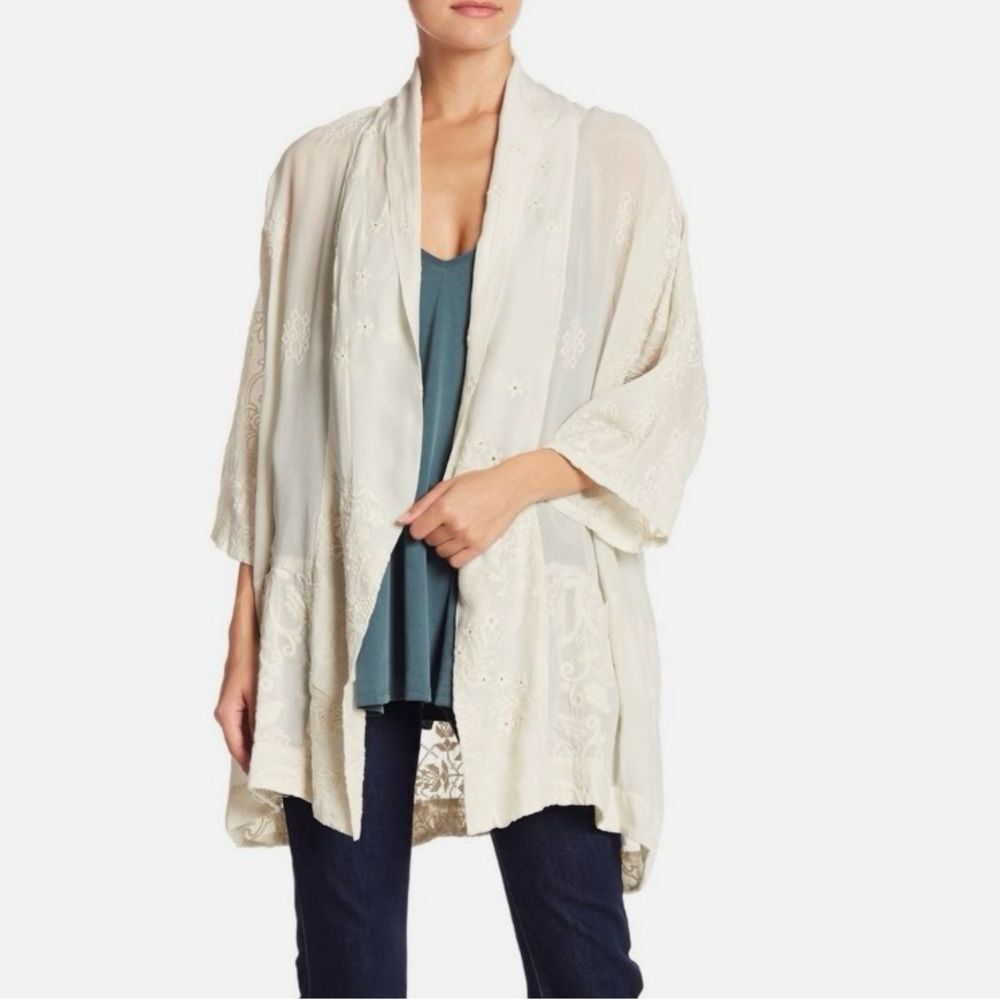 Johnny Was Motley Intricate Tonal Embroidered Kimono Jacket Cream Size M - L
